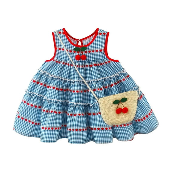 Girls Cute Dress Plaid Ruffle Tiered Summer Sleeveless Sundress with Weave Crossbody Bag Vacation Outfits (2 Years, Blue)
