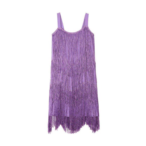Girls Cute Dress Sequins Fringe Latin Dance Dress Tassel Tango Dress Ballroom With Feather Headband Cute Sundress Girls Sleeveless Shiny Sequins Halter Tassel Dress