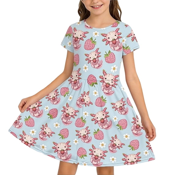 Girls Cute Dresses Axolotl Strawberry Print Short Sleeve Skater Dress Casual Cartoon Twirl Dress with Pockets Kids Summer Outfit for 4-14Y