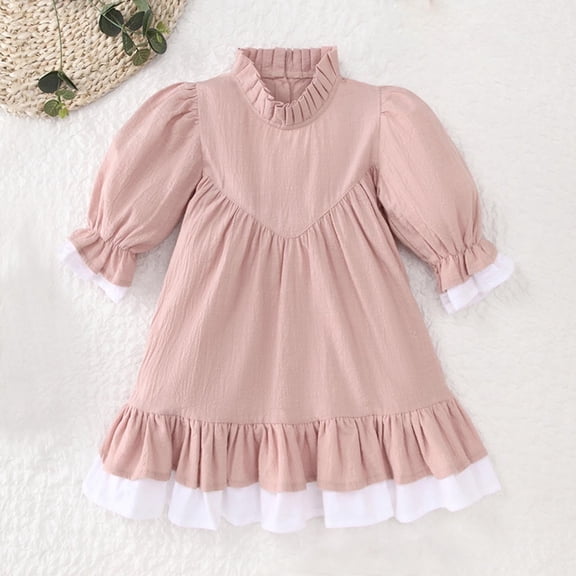 Girls Cute Dresses Long Lantern-Sleeve Size 1-6 Toddlers Kids Trendy Solid Color Ruffle Mock Neck A-Line Babydoll-Princess Dress Fall