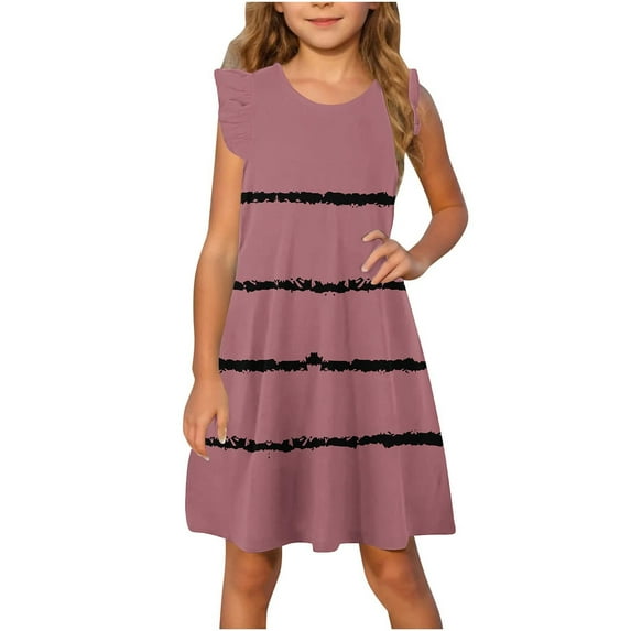 Girls Cute Dresses Ruffle Sleeveless Round Neck Sundresses Teens Juniors Trendy Stripe Printed Pullover Summer Midi Dress 4-14 Years