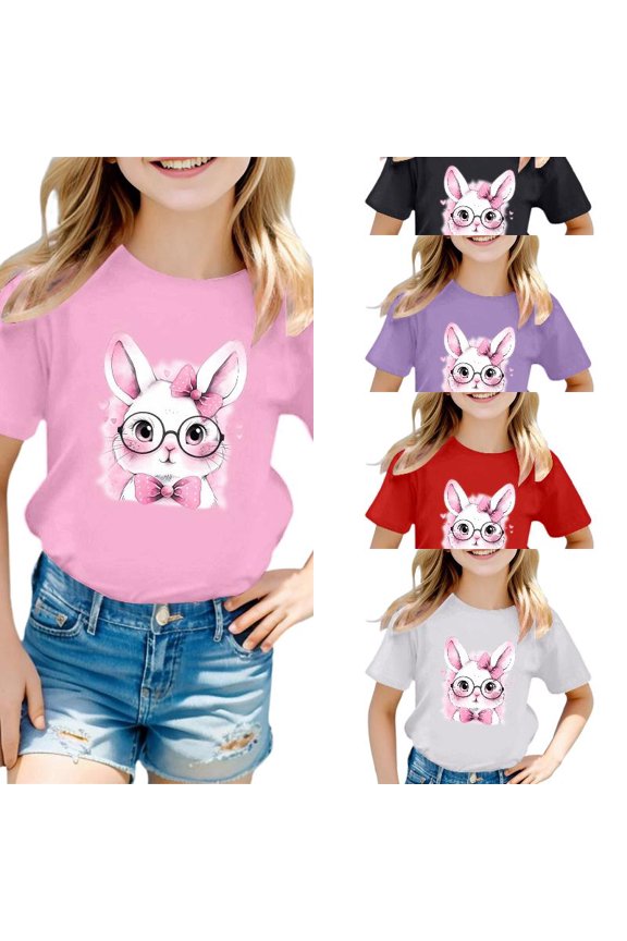 Girls Cute Easter Print Round Neck Short Sleeved Casual T Shirt Top Girls' T-Shirts Summer Casual Tee