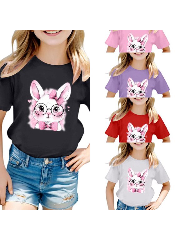 Girls Cute Easter Print Round Neck Short Sleeved Casual T Shirt Top Girls' T-Shirts Summer Casual Tee