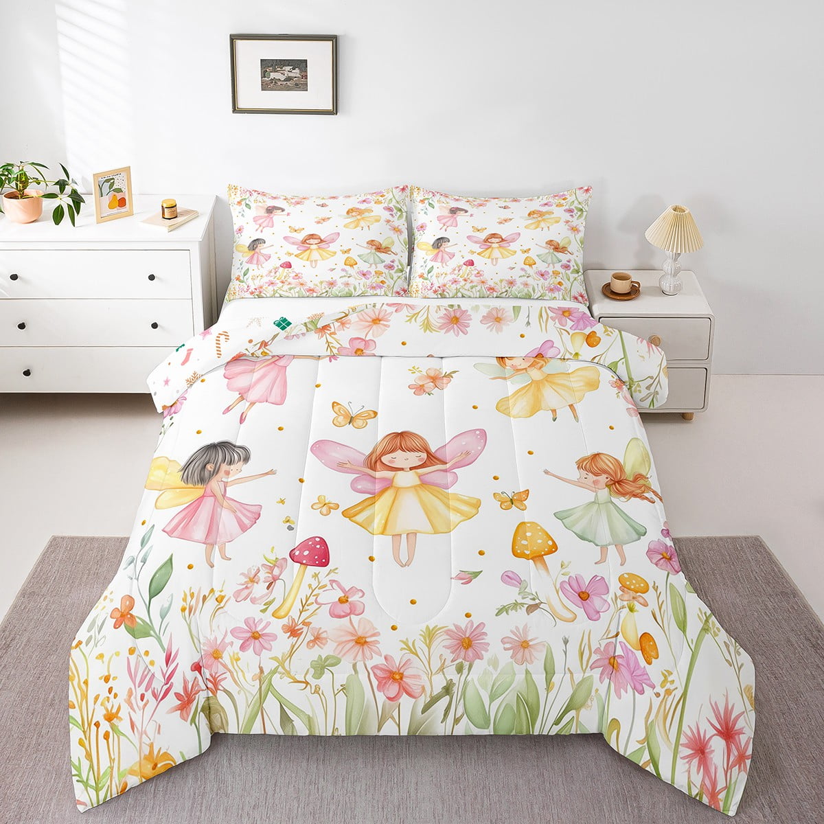 Girls Cute Fairy Comforter Set Twin Size,Floral Butterfly Fairy Bedding Set for Kids Bedroom Decor,Watercolor Flower Quilt Bed Set Mushroom Bed Comforter Sets with 1 Pillowcase