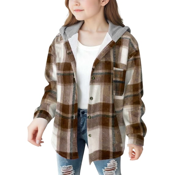 SHUNSUI Girls Cute Flannel Plaid Button Down Top with Pockets Long Sleeve Hooded Jacket