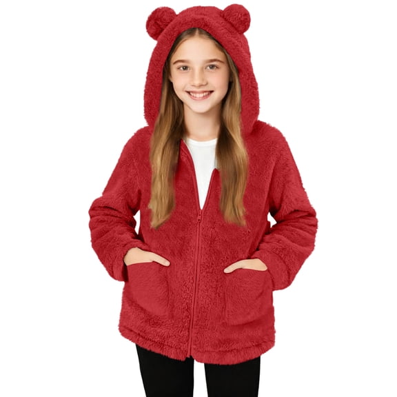 Girls Cute Fleece Hooded Jacket Kids Zip up Fall Winter Soft Fuzzy Thermal Outwear Coat with Pockets New Teen Girls Sweatshirts and Hoodies Red 12-13 Years