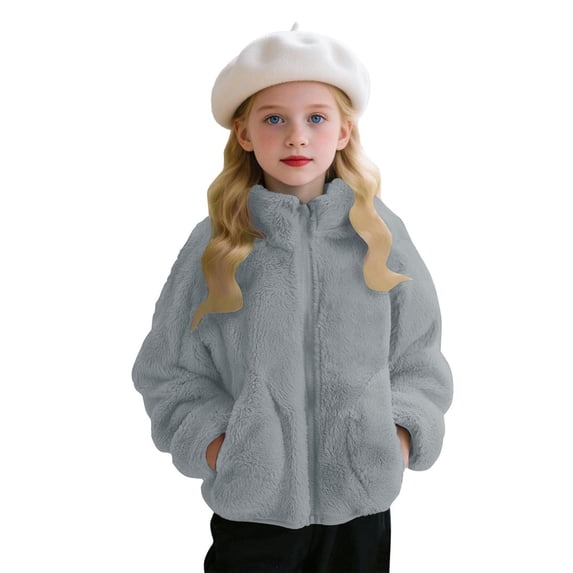 Girls Cute Fleece Jacket Kids Zip up Stand Collar Coat with Pockets Fall Winter Soft Warm Fuzzy Outerwear New Long Sleeve Jackets for Toddler Baby Girl Gray 3 Years
