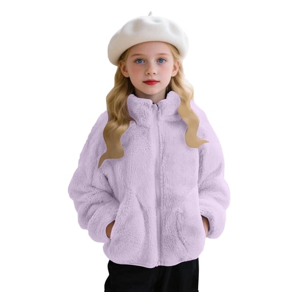 Girls Cute Fleece Jacket Kids Zip up Stand Collar Coat with Pockets Fall Winter Soft Warm Fuzzy Outerwear New Trendy Outerwear for Kids Purple 8 Years