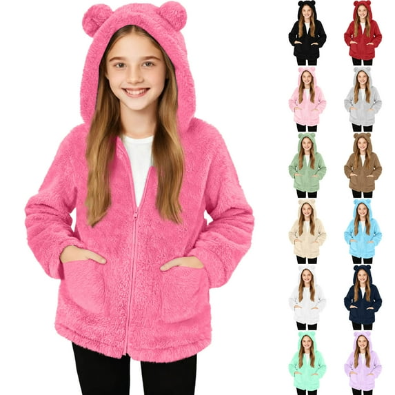 Girls Cute Fleece Jacket Kids Zip Up Fuzzy Sherpa Coat Fall Winter Warm Treddy Outwear with Pockets