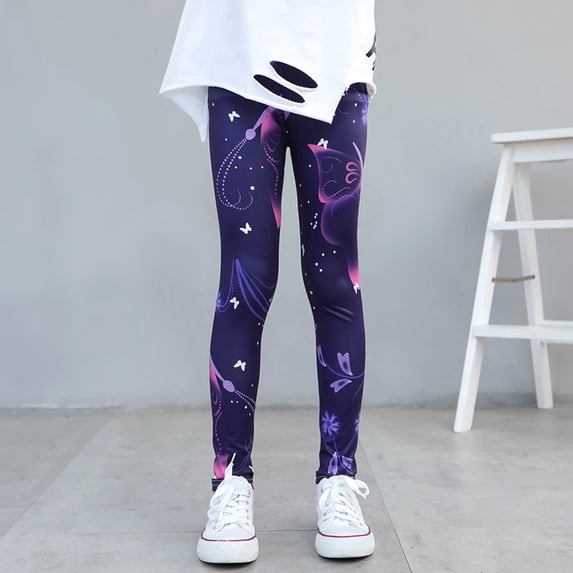 Girls' Cute Floral Printed Stretch Ankle Length Leggings (Purple 8-9 Years)