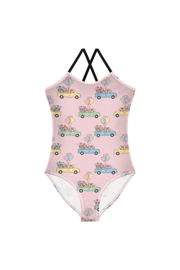 Girls Cute Fox Driving Print One Piece Swimsuit, Cross Back Spaghetti Strap Bathing Suit for Kids Summer Beach Pool Swimwear 7-8T