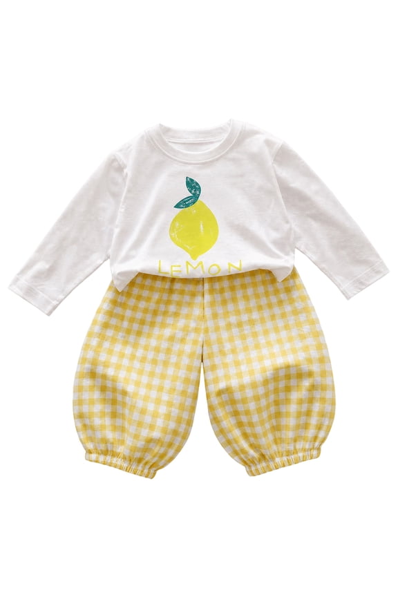 Girls Cute Fruit Print Long Sleeve Shirt Pants Set Elastic Waist Casual Daily Outfit