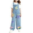 thumbnail image 1 of Girls' Cute Graphic Denim Overalls Wide Leg Jumpsuit Baggy Jeans Pants Kids Washed Stretchy Jumpsuit with Pockets 6-14Y, 1 of 8