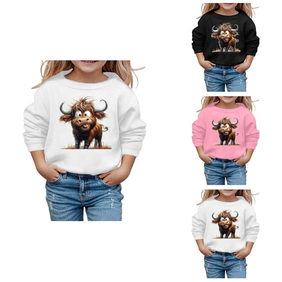 Girls' Cute Highland Cow Print Long Sleeve Round Neck Sweatshirt, Casual Hoodless Pullover for Autumn Winter Cozy Wear