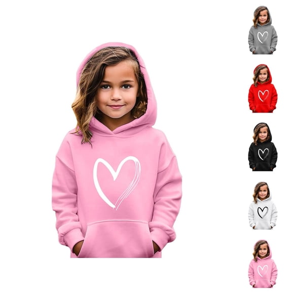 Girls Cute Hoodies Casual Long Sleeve Heart Graphic Hooded Sweatshirt with Pockets Kids Pullover Tops