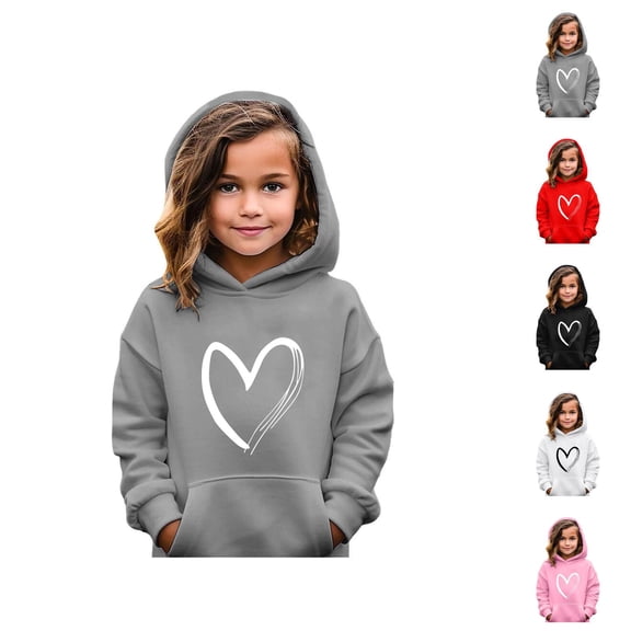 Girls Cute Hoodies Casual Long Sleeve Heart Graphic Hooded Sweatshirt with Pockets Kids Pullover Tops