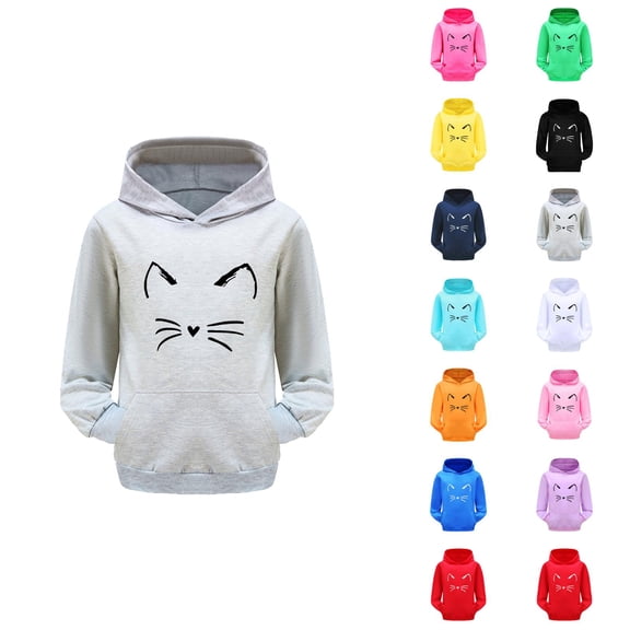 Girls Cute Hoodies Long Sleeve Fall Winter Casual Cat Graphic Hooded Sweatshirt with Pockets Kids Pullover Tops