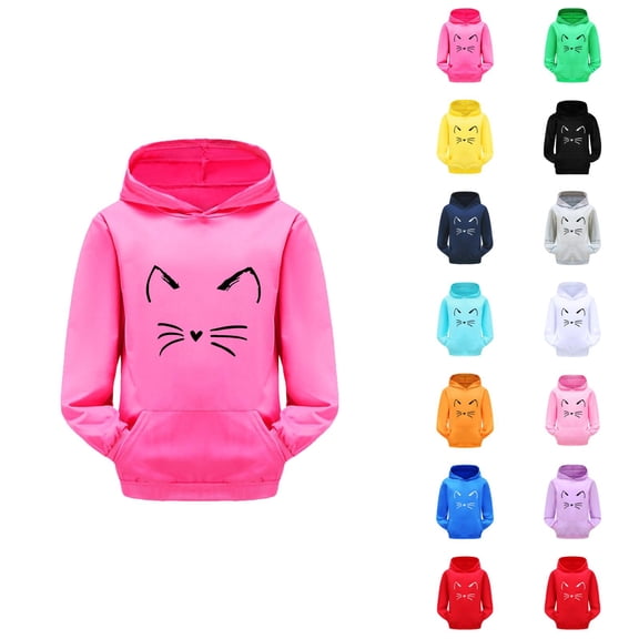 Girls Cute Hoodies Long Sleeve Fall Winter Casual Cat Graphic Hooded Sweatshirt with Pockets Kids Pullover Tops