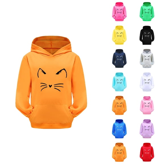Girls Cute Hoodies Long Sleeve Fall Winter Casual Cat Graphic Hooded Sweatshirt with Pockets Kids Pullover Tops