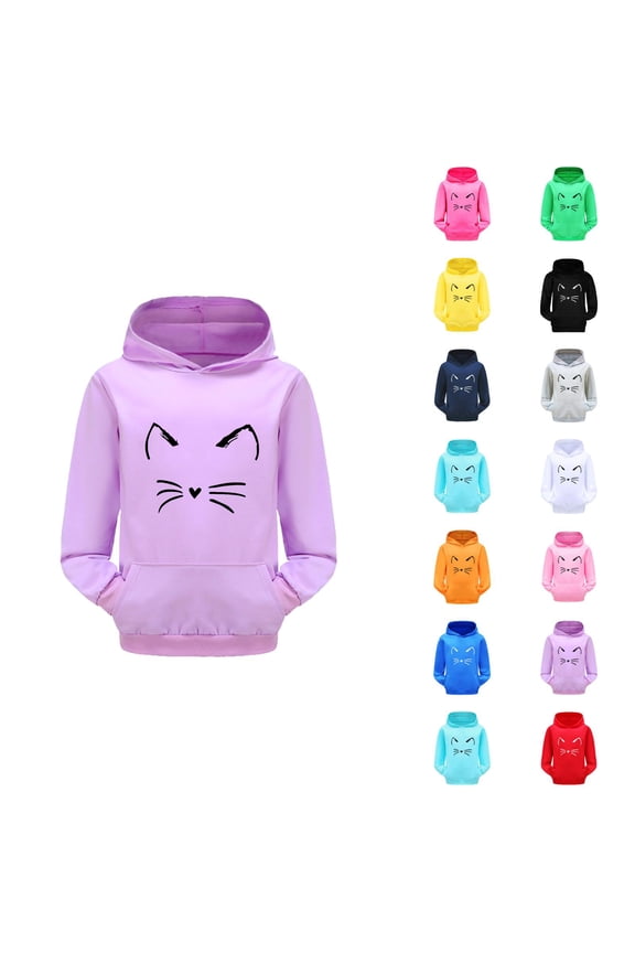 Girls Cute Hoodies Long Sleeve Fall Winter Casual Cat Graphic Hooded Sweatshirt with Pockets Kids Pullover Tops