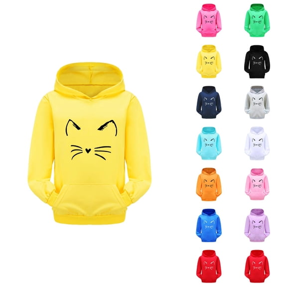 Girls Cute Hoodies Long Sleeve Fall Winter Casual Cat Graphic Hooded Sweatshirt with Pockets Kids Pullover Tops