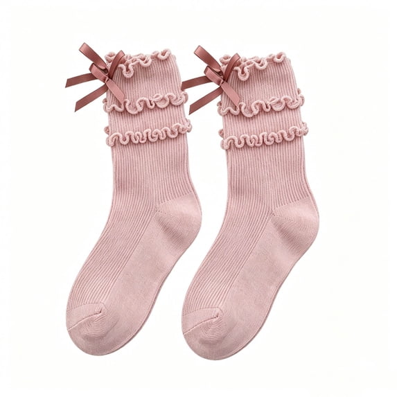 Girls Cute Knee High Socks Bow Ruffle Soft Comfy Socks Fashion Sweet Breathable Socks for Dress Wear Pink 7-8 Years