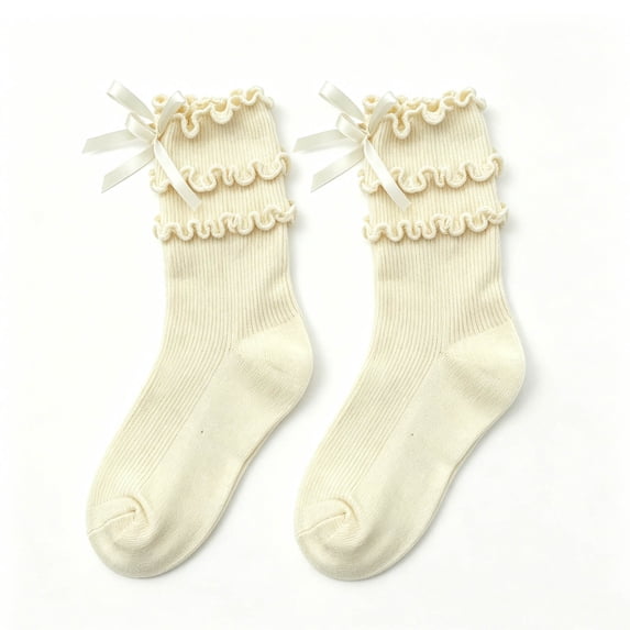 Girls Cute Knee High Socks Bow Ruffle Soft Comfy Socks Fashion Sweet Breathable Socks for Dress Wear White 3-4 Years