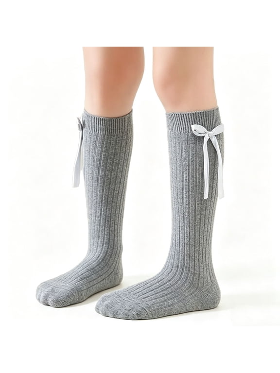 Girls Cute Knee High Socks Solid Bow School Uniform Dress Socks Kids Soft Comfy Socks for School Outdoor Wear Gray 5-6 Years