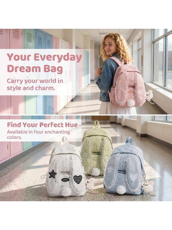 Womens Cute Lace Bunny Ear Travel Backpack Plush Rabbit Doll Star Print Daypack Sweet Bookbag
