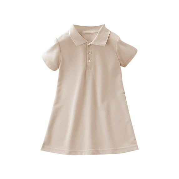 Girls Cute Lapel Collar Short Sleeve Dress Casual Summer Comfy Cotton Loose Stretch Daily Dresses for 3-15 Years