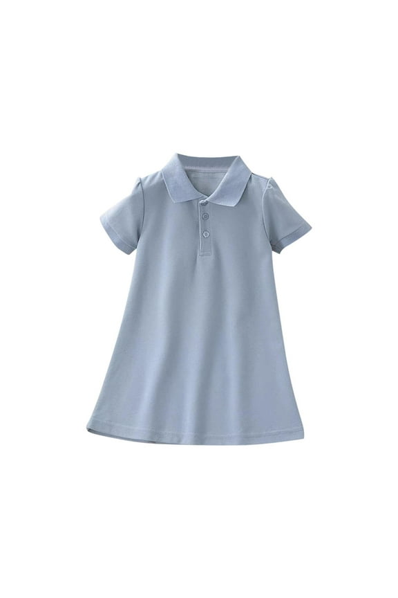 Girls Cute Lapel Collar Short Sleeve Dress Casual Summer Comfy Cotton Loose Stretch Daily Dresses for 3-15 Years