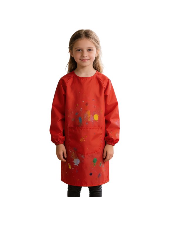 Girls Cute Long Sleeve Art Smock Protective Painting Apron with Pockets Waterproof Versatile Drawing Wear Outfits