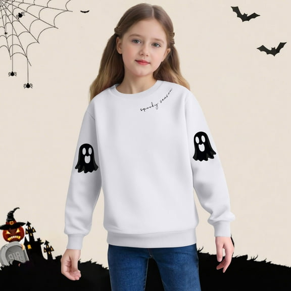 Girls Cute Long Sleeve Shirts New Cute Spooky Sweatshirts Kids Halloween Crewneck Long Sleeve Ghost Printed Pullover Tops for Girls Boys White 5 Y