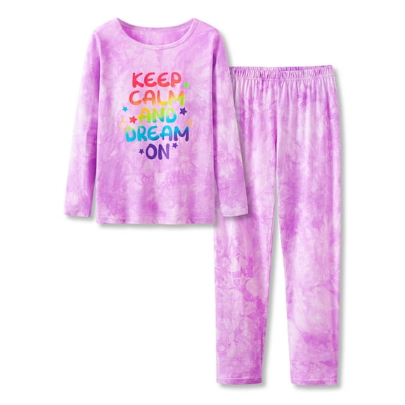 Girls Cute Long Sleeves & Pants PJ Set 2-Piece Pajamas – Violet Tie Dye Outfit Sleepwear Size 12