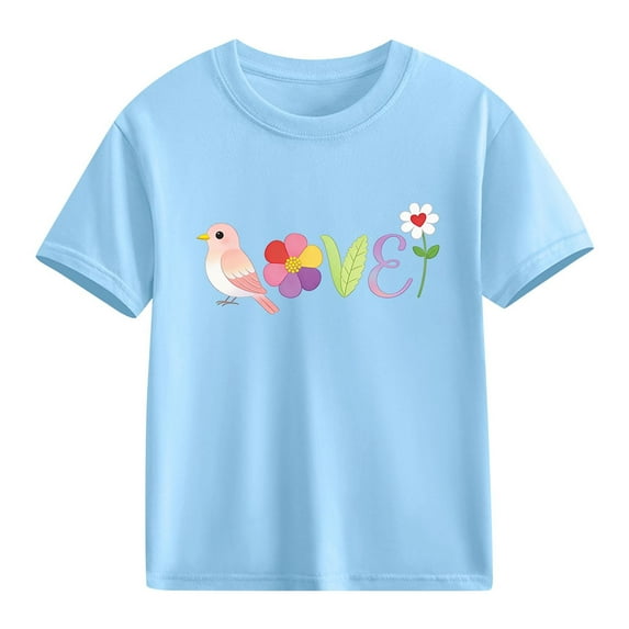 Girls Cute Love Bird Floral Graphic Tee Kids 100% Cotton Short Sleeve T-Shirt Soft Casual Top for Kids Little Big Girls,Size 3 T