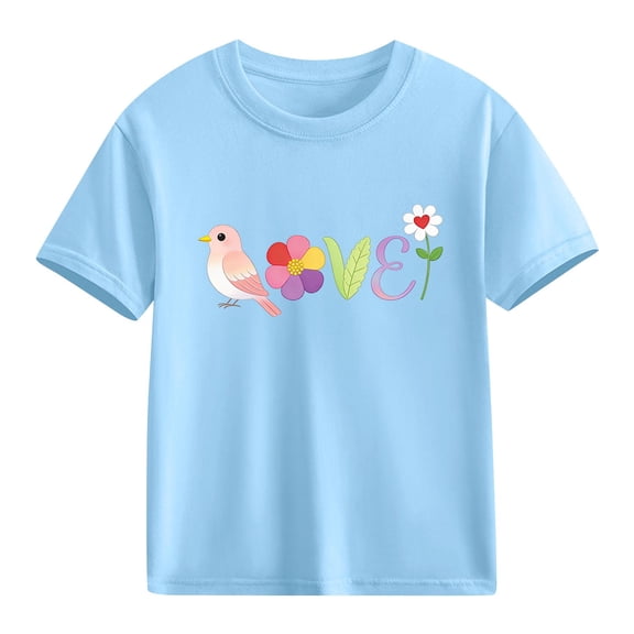 Girls Cute Love Bird Floral Graphic Tee Kids 100% Cotton Short Sleeve T-Shirt Soft Casual Top for Kids Little Big Girls,Size 5 T