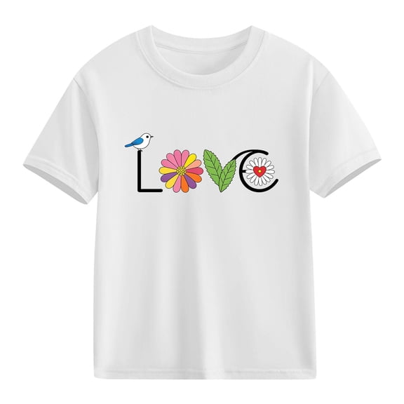 Girls Cute Love Graphic T-Shirt for Kids Short Sleeve Cotton Tee with Bird Flower Design Valentine's Day White,Size 9 T