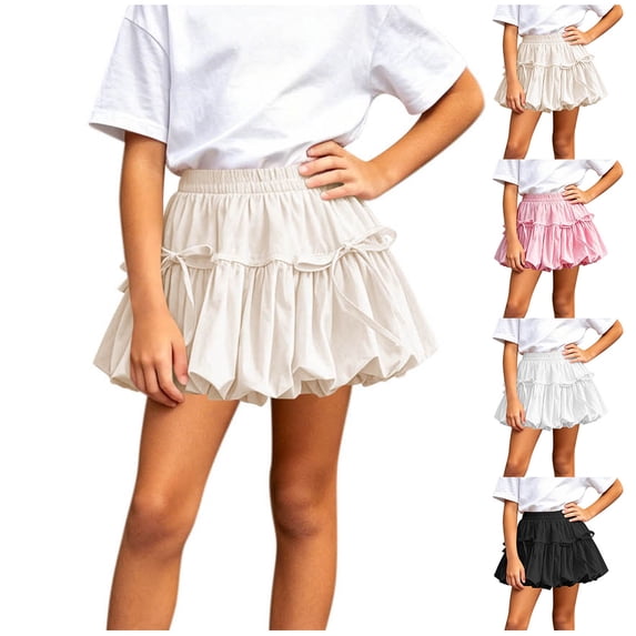 Girls Cute Mini Skirt Elastic Waist Ruffled Tiered Side Bow Soft Princess Skirts for Casual Daily Wear 5-6Y