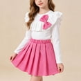 thumbnail image 1 of Girls Cute Outfits Toddler 3-4T 2-Piece Set Long Sleeve Ruffle Ribbed Shirt Top with Bow and Pleated Skirt Dress Suit Fall Spring Clothes for Kids Casual Party Holiday Dressy Wear, 1 of 9