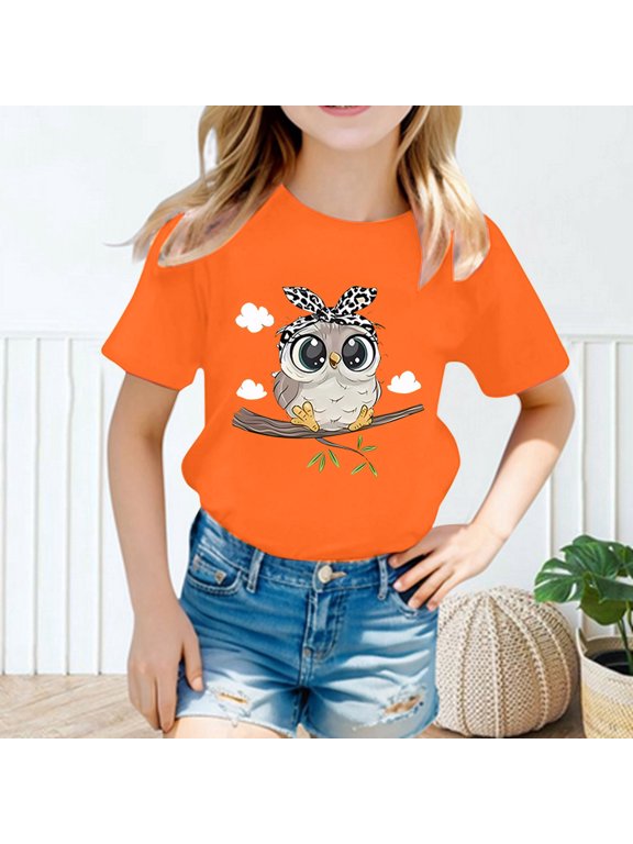 Girls Cute Owl Printed Round Neck Short Sleeve Tees