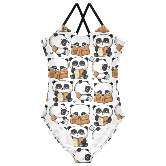 Girls Cute Pandas Reading Print One Piece Swimsuit, Cross Back Spaghetti Strap Bathing Suit for Kids Summer Beach Pool Swimwear 7-8T