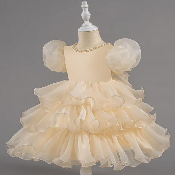Girls Cute Party Dress Fashion Flowy Ruffle Mesh Layered Puff Sleeve Princess Dresses Bow Back Crewneck Ball Gown