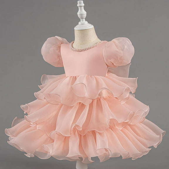 Girls Cute Party Dress Fashion Flowy Ruffle Mesh Layered Puff Sleeve Princess Dresses Bow Back Crewneck Ball Gown