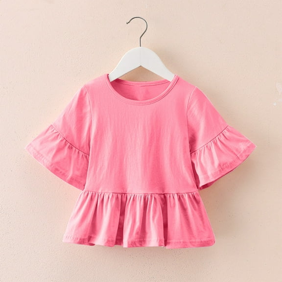Girls Cute Peplum Tops Long Bell-Sleeve Crewneck Babydoll Shirts Size 1-8 Toddlers Trendy Solid Color Loose Pullover Ruffle Hem Blouses Top