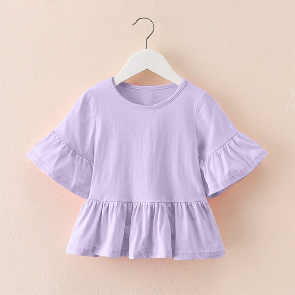 Girls Cute Peplum Tops Long Bell-Sleeve Crewneck Babydoll Shirts Size 1-8 Toddlers Trendy Solid Color Loose Pullover Ruffle Hem Blouses Top