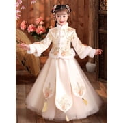 Girls Cute Pink Tang Suits, Fleece Thermal Vintage Embroidered Tassel Top & Mesh Skirt Set, Chinese Style Traditional Hanfu 4-5T