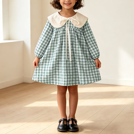 Girls Cute Plaid Dress Long Sleeve Peter Pan Collar Loose Dress Little Girl Trendy Versatile Casual Comfortable Outfits for Daily Wear Sky Blue 5-6 Years