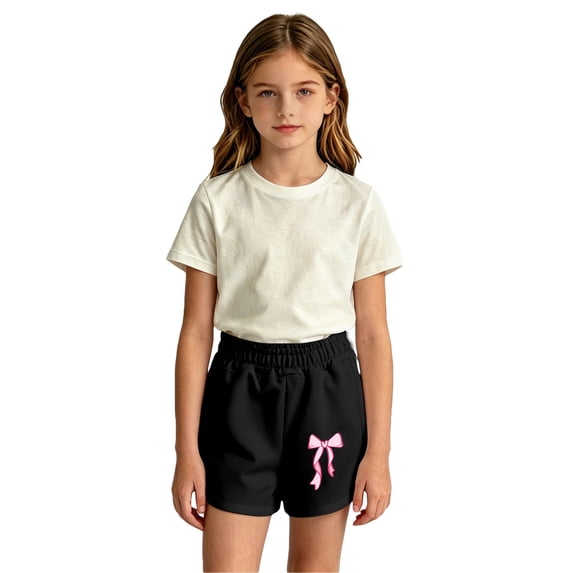Girls Cute Printed Sweat Shorts, Elastic High Waist Curved Split Hem Loose Fit Summer Casual Bottoms, Breathable Kids Play Shorts for Daily Wear(Black5,9-10 Years)