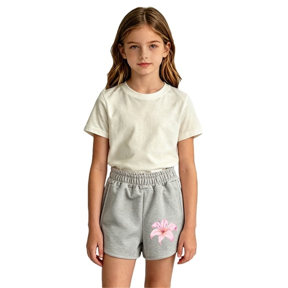 Girls Cute Printed Sweat Shorts, Elastic High Waist Curved Split Hem Loose Fit Summer Casual Bottoms, Breathable Kids Play Shorts for Daily Wear(Grey2,9-10 Years)