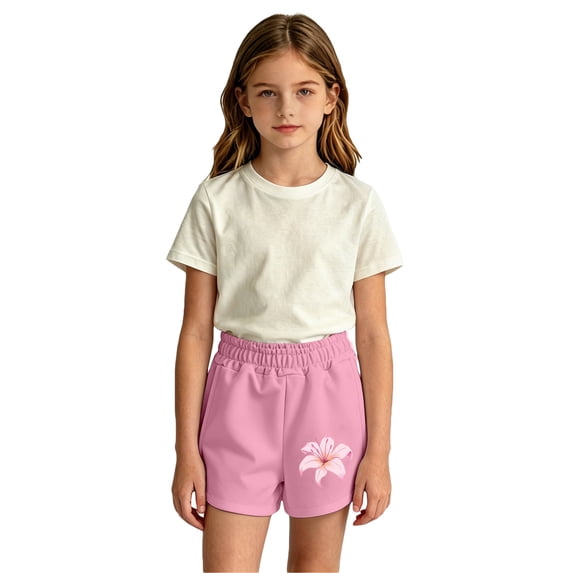 Girls Cute Printed Sweat Shorts, Elastic High Waist Curved Split Hem Loose Fit Summer Casual Bottoms, Breathable Kids Play Shorts for Daily Wear(Pink2,11-12 Years)